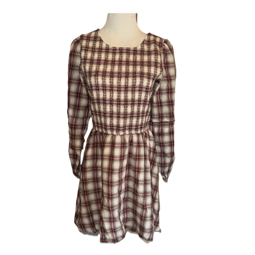 American Eagle Smocked Mink Dress L Red Plaid Cotton